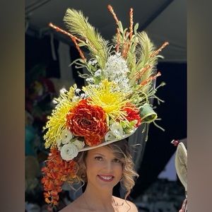 Masterpiece, derby, hat, floral, orange, yellow green